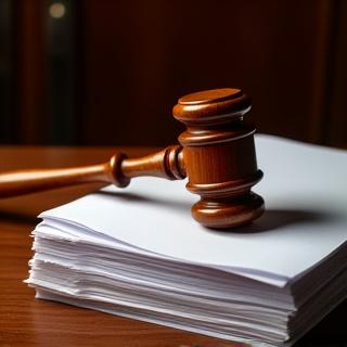 Blurred background of a courtroom setting, focusing on a gavel and professional legal papers