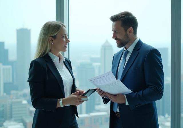 Modern business meeting discussing strategy and contractual changes